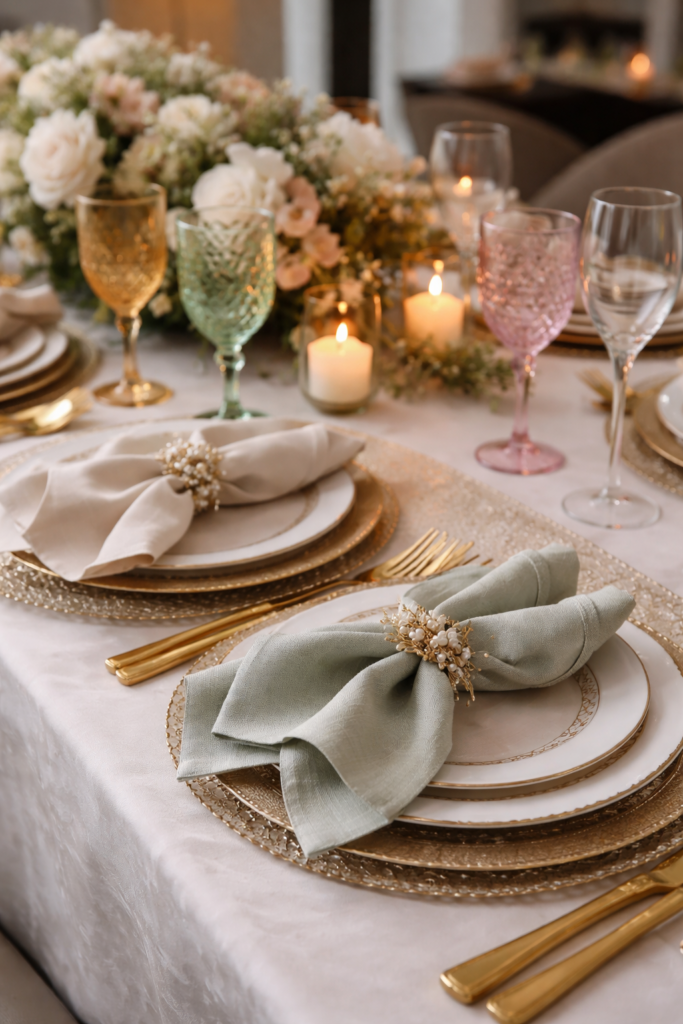 7 ideias de mesa posta simples e elegante Guardanapos de tecido de linho com argola dourada simples para mesa posta.