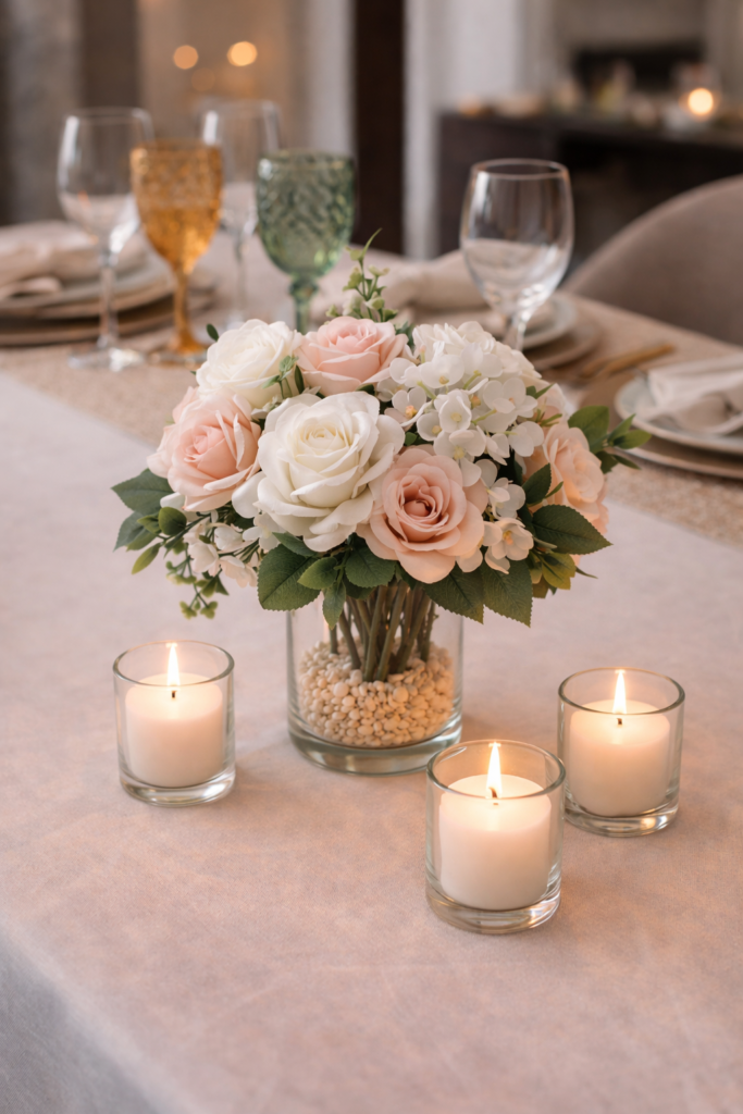 7 ideias de mesa posta simples e elegante Arranjo de flores e velas para mesa posta