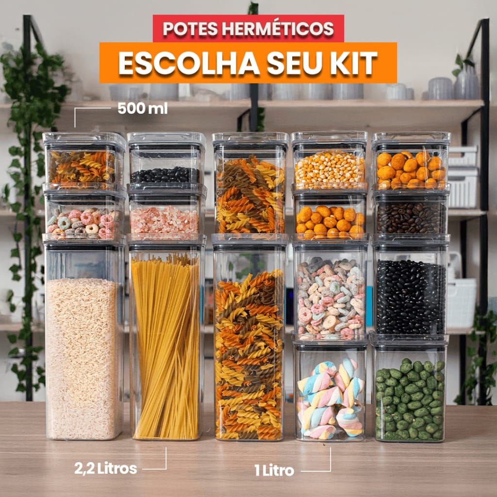 Kit de potes herméticos empilháveis para cozinha.