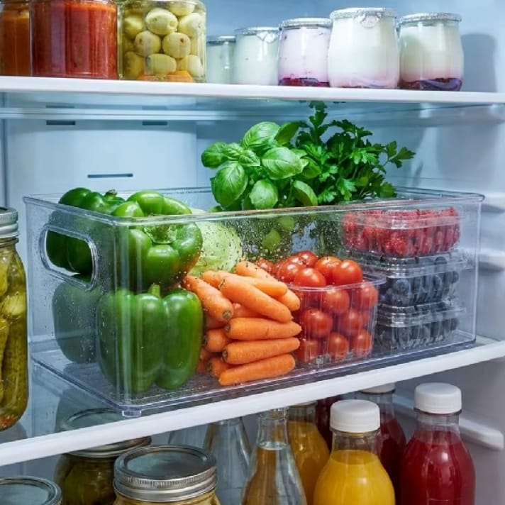 Organizador de geladeira transparente com pimentões e legumes.