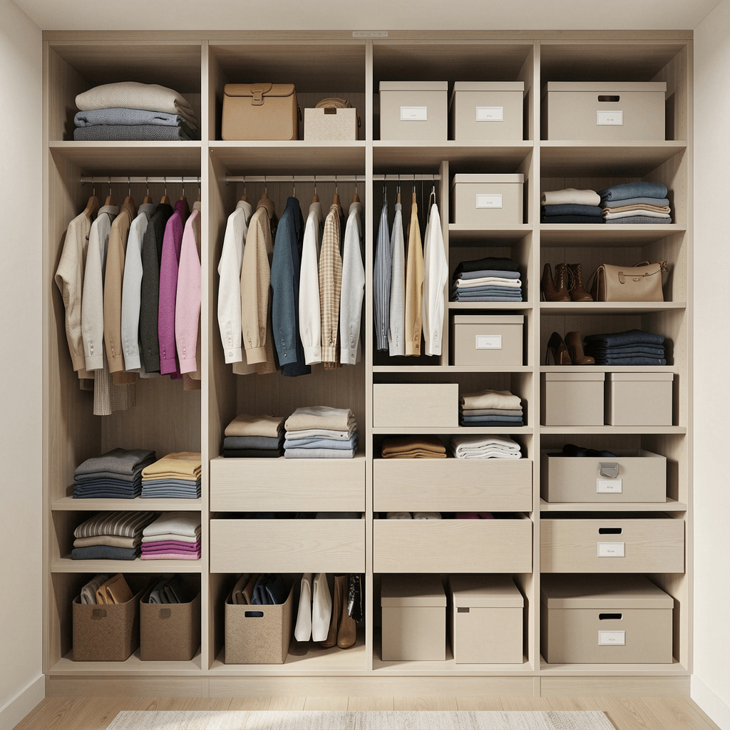 Guarda-Roupa & Closet: Regras de Ouro para um Quarto Sempre Organizado " guarda-roupa organizado prateleiras bem distribuidas e caixas organizadoras etiquetadas