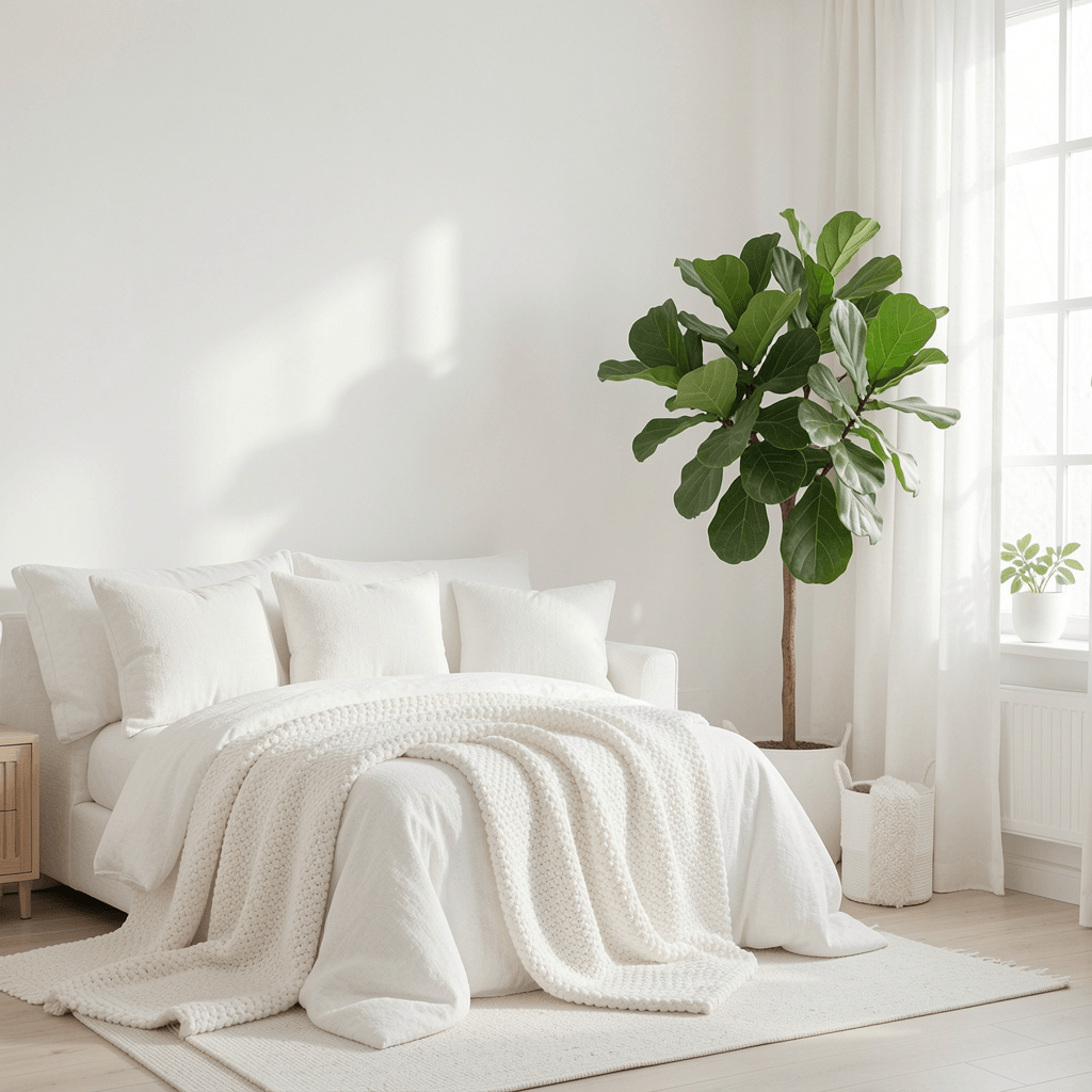 Guarda-Roupa & Closet: Regras de Ouro para um Quarto Sempre Organizado "ambiente minimalista branco com cama aconchegante e planta verde de grande porte ao lado da janela iluminada "