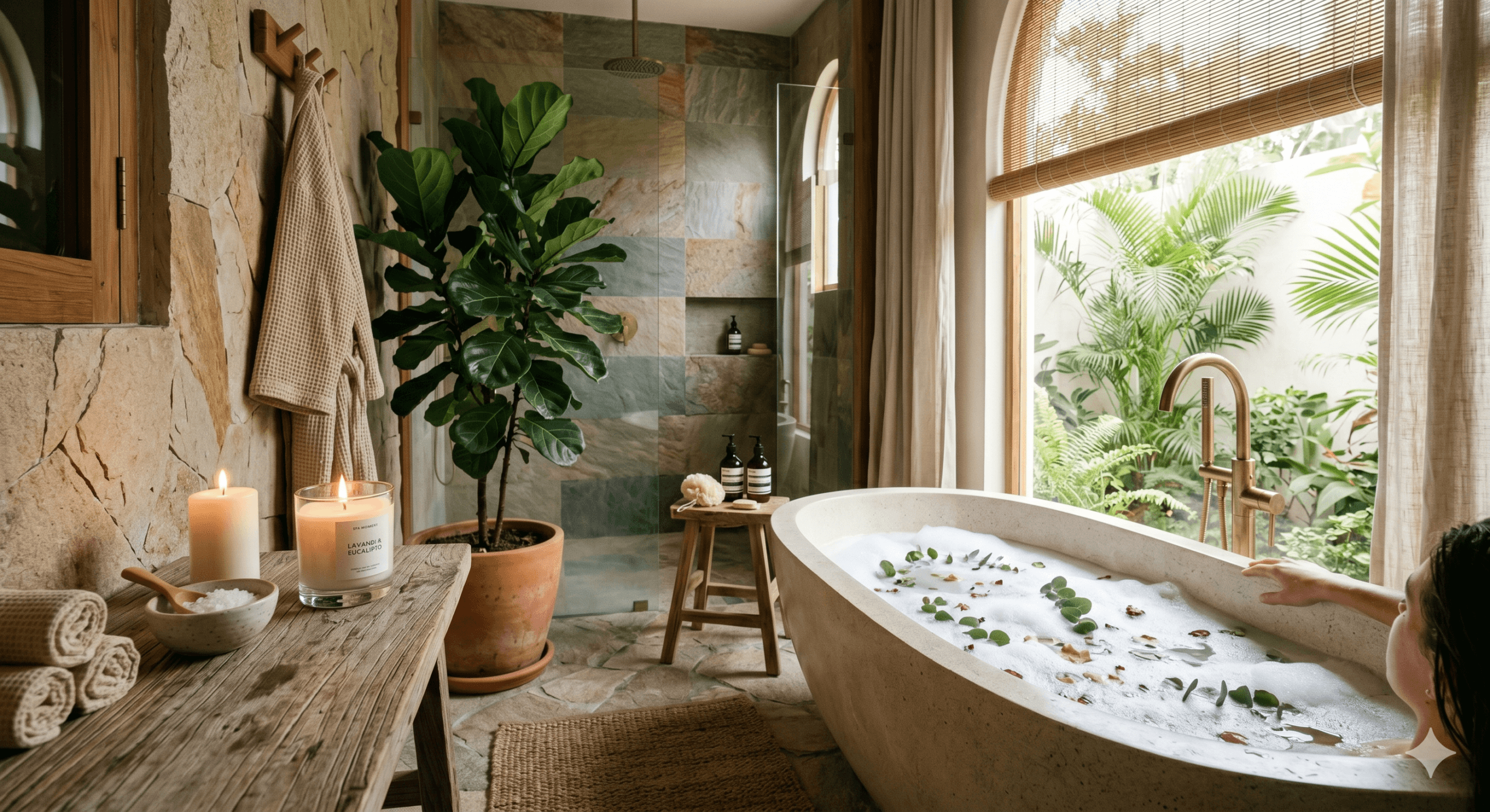 Rotina de Autocuidado em casa: Hábitos que Transformam o Seu Lar Banheiro decorado estilo spa com vela aromática e planta natural