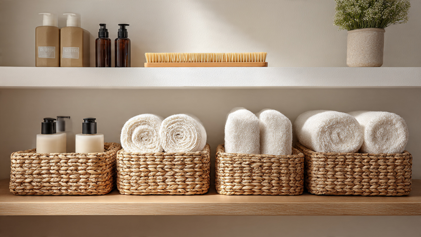 Organização do Lar: Métodos Simples para Manter Tudo no Lugar Banheiro organizado estilo spa com produtos em cestinhos e toalhas enroladas