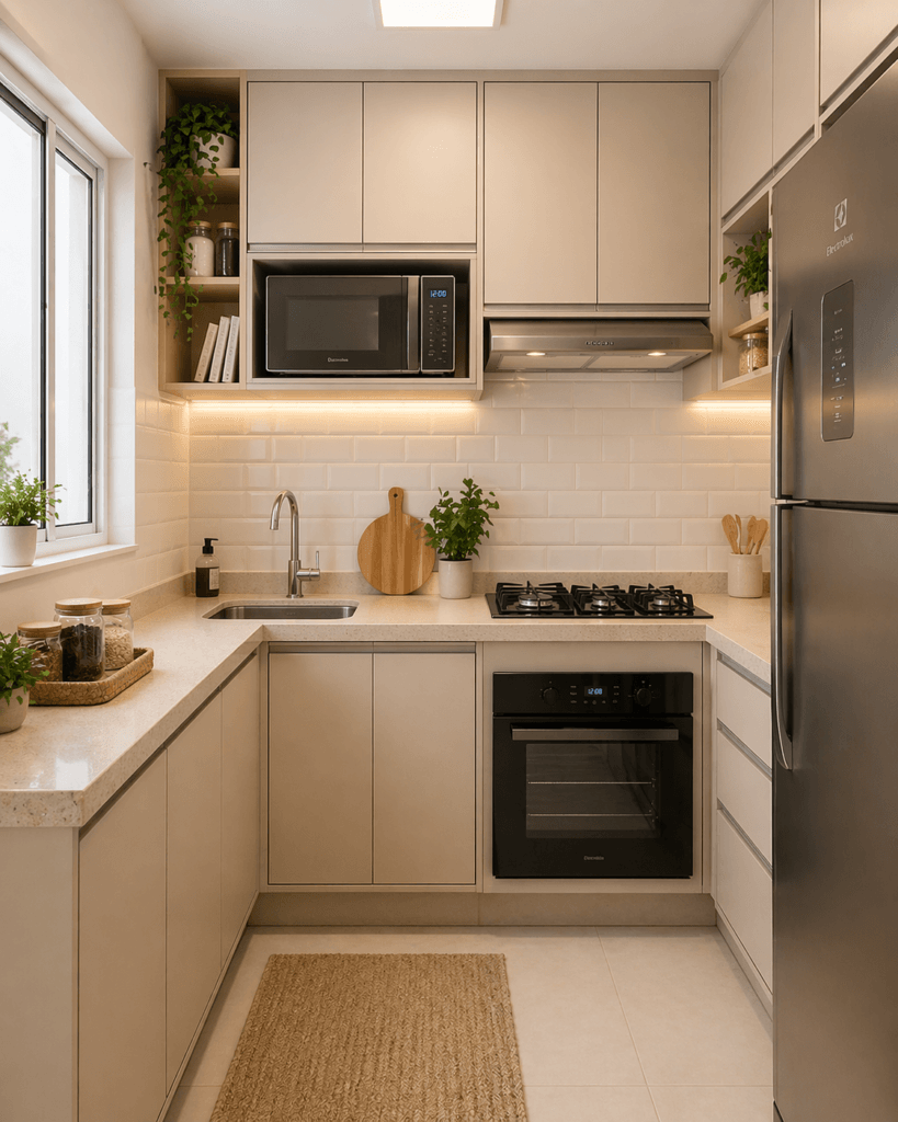 Como organizar a cozinha pequena: truques que funcionam de verdade cozinha pequena organizada em cores neutras bem iluminada bancada organizada com plantas