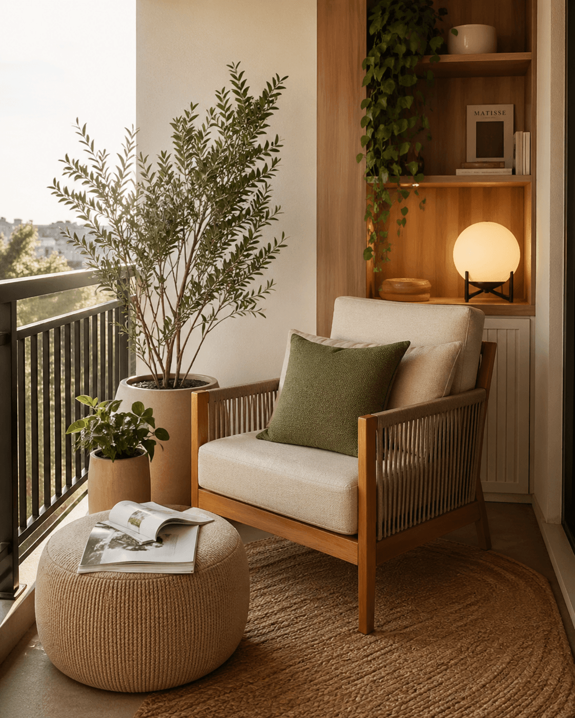 Varanda aconchegante com poltrona, plantas, luminária e pufe decorativo