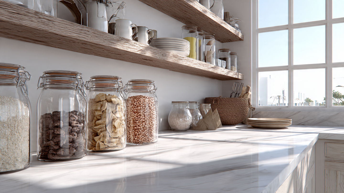 Organização do Lar: Métodos Simples para Manter Tudo no Lugar Cozinha organizada com bancada limpa e potes transparentes na despensa