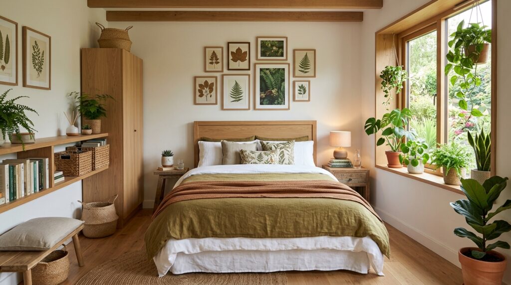 Como organizar o quarto pequeno: 15 ideias práticas e bonitas Quarto aconchegante cama posta confortável, iluminação natural com plantas , prateleiras e guarda-roupa de madeira