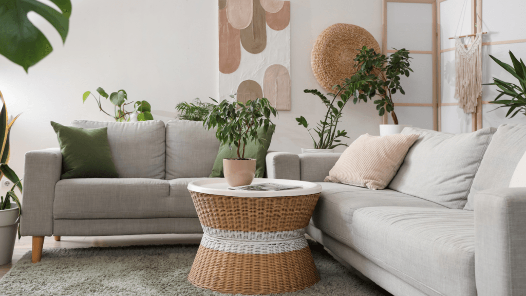 Mesa de centro de vime multifuncional em sala pequena decorada com plantas
