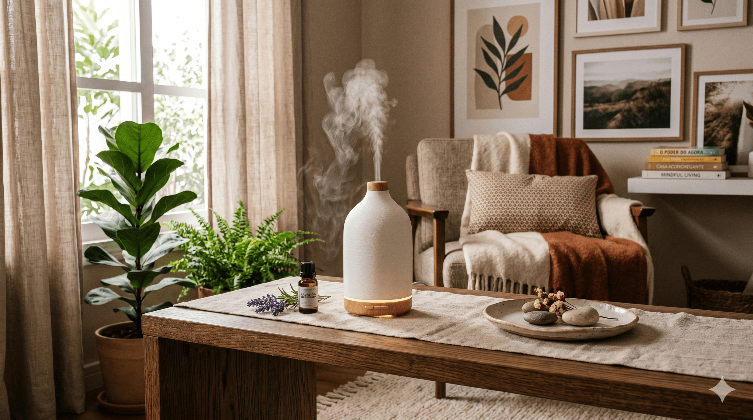 Rotina de Autocuidado em casa: Hábitos que Transformam o Seu Lar Difusor de aromas em ambiente decorado com plantas e elementos naturais