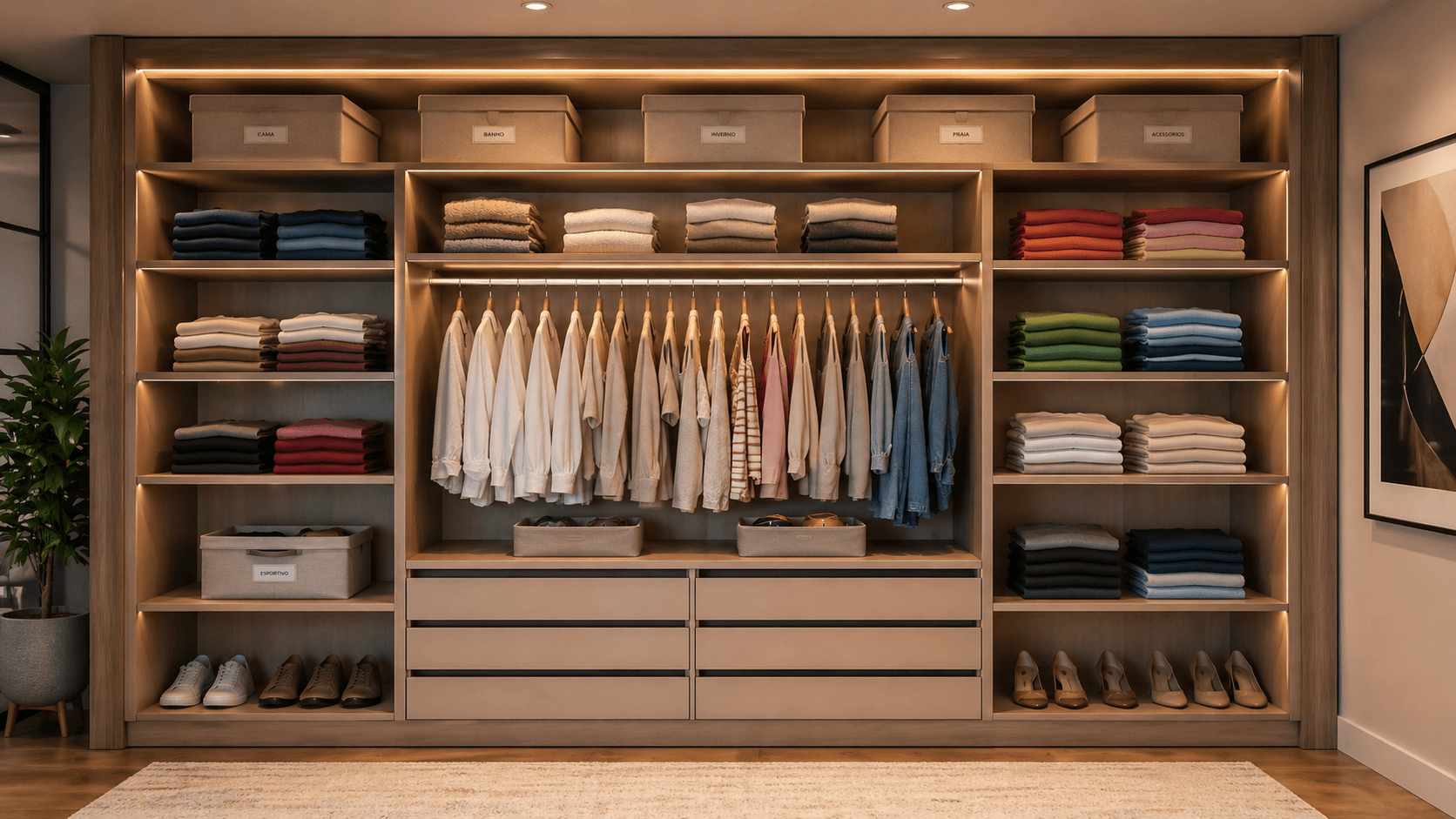 Organização do Lar: Métodos Simples para Manter Tudo no Lugar Guarda-roupa organizado por categoria com caixas de tecido e roupas dobradas