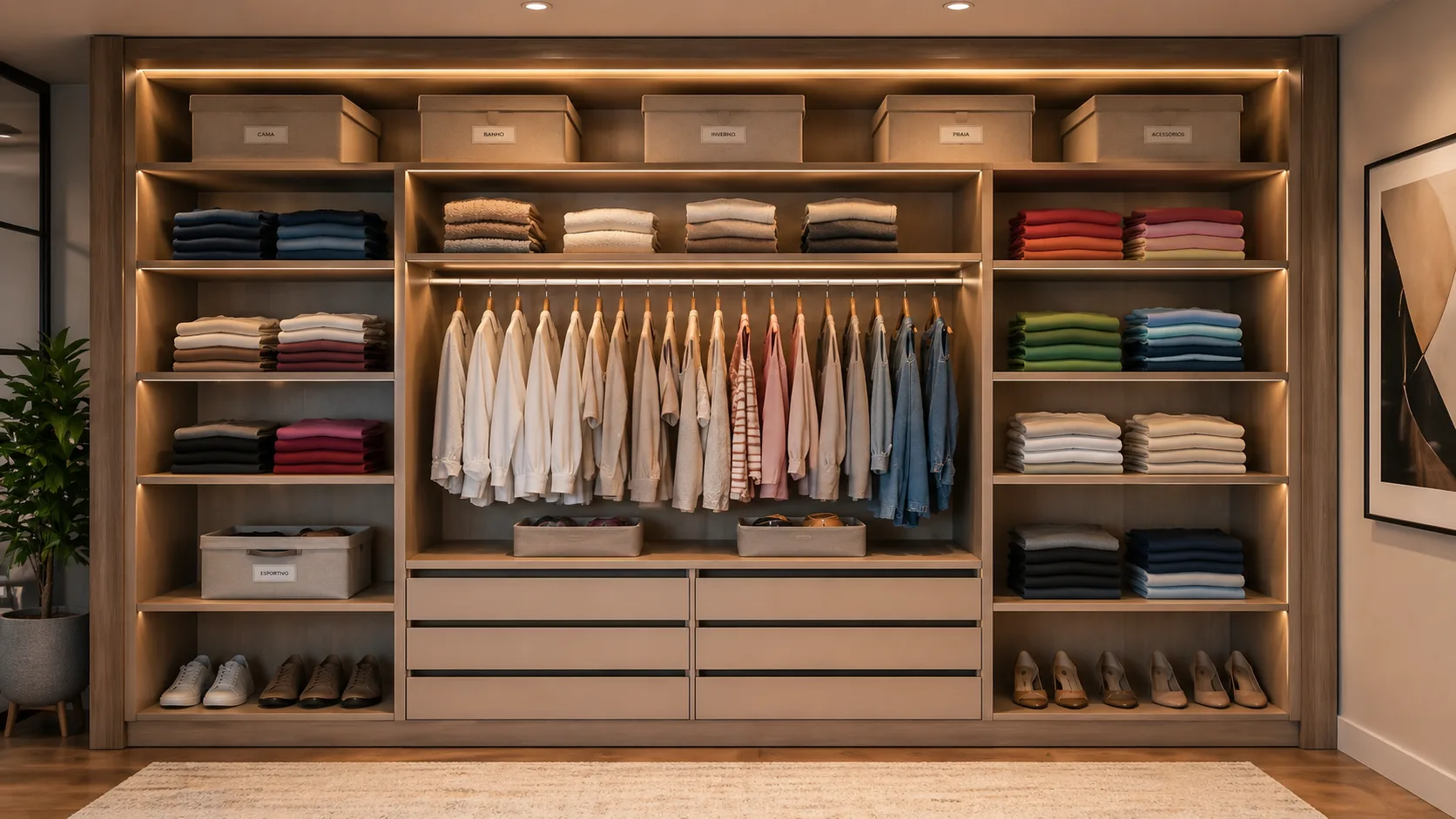 Guarda-roupa organizado por categoria com caixas de tecido e roupas dobradas