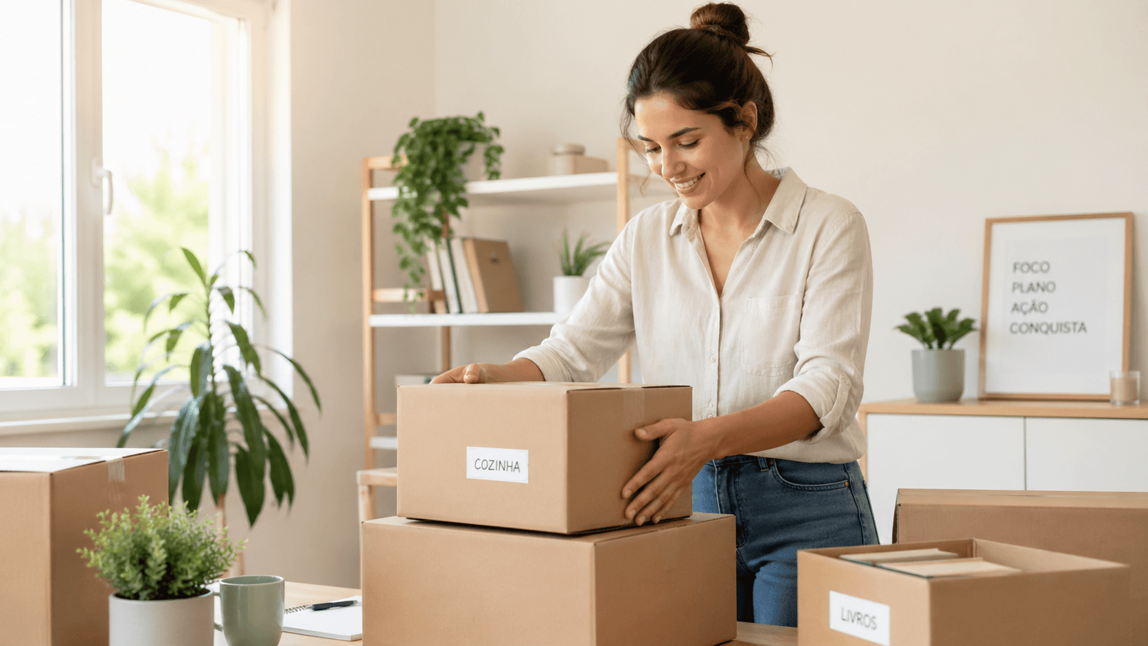 Organização do Lar: Métodos Simples para Manter Tudo no Lugar Mulher organizando caixas em ambiente claro e bem decorado
