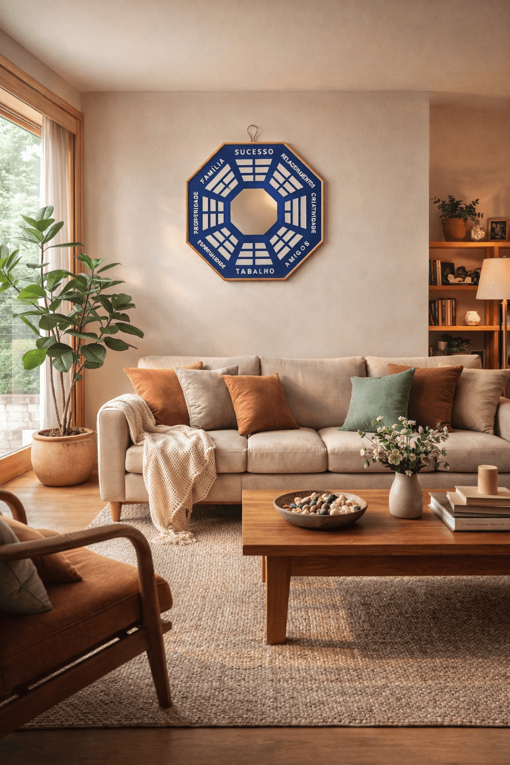 Sala de estar com espelho Baguá Feng Shui na parede criando ambiente harmonioso e equilibrado