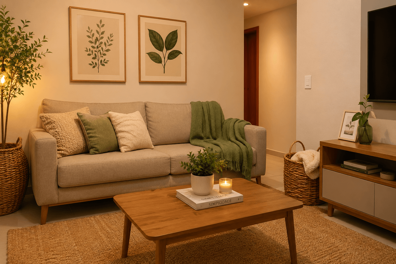 Organização do Lar: Métodos Simples para Manter Tudo no Lugar Sala organizada e aconchegante com cesto de vime e decoração clean