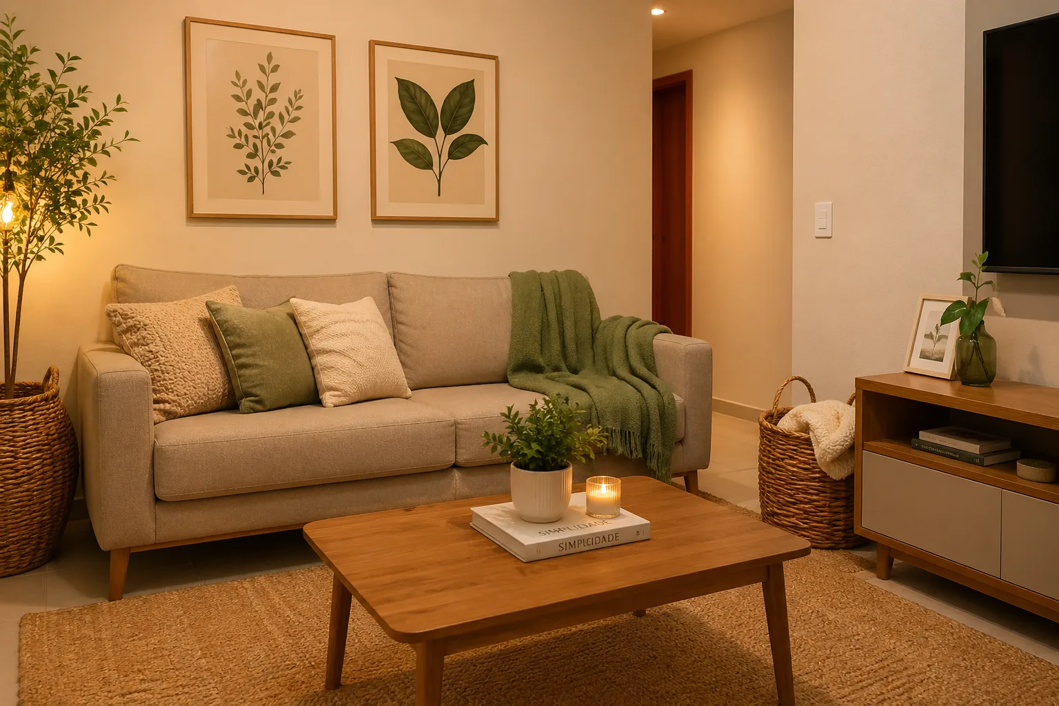 Sala organizada e aconchegante com cesto de vime e decoração clean