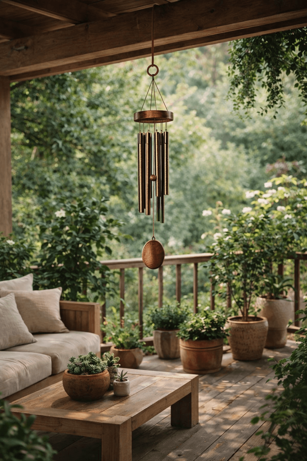 Sobre Varanda tranquila com sinos de vento e plantas — bem-estar e Feng Shui