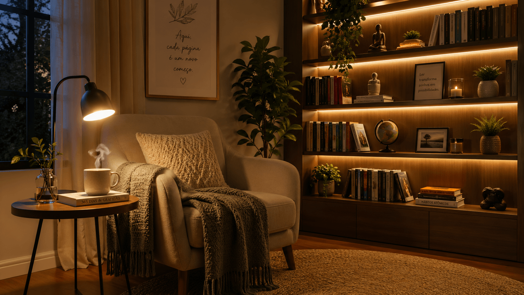 Rotina de Autocuidado em casa: Hábitos que Transformam o Seu Lar Cantinho acolhedor para leitura à noite com luz suave e ambiente relaxante