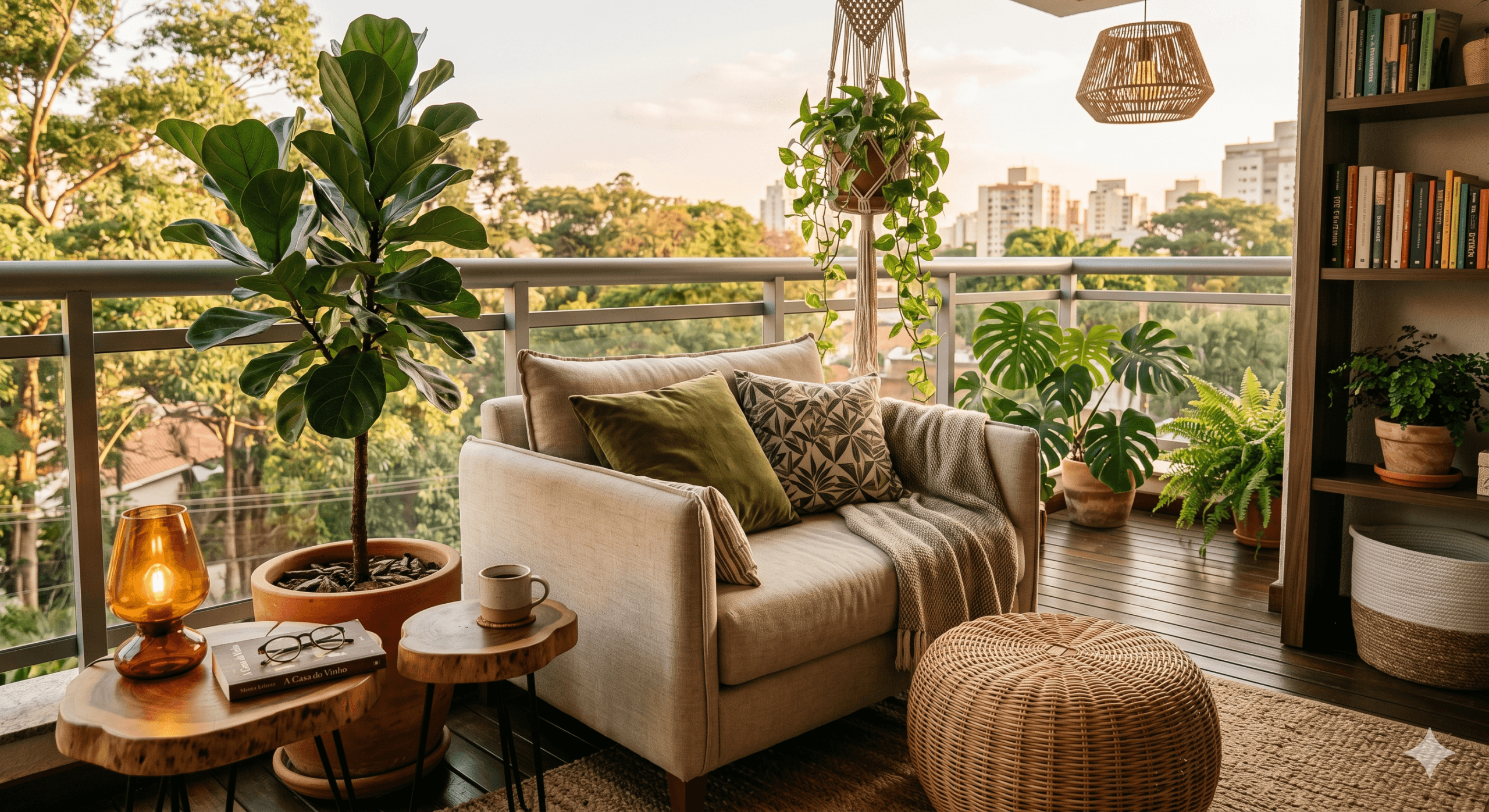 Cantinho de leitura na varanda com plantas e luz natural