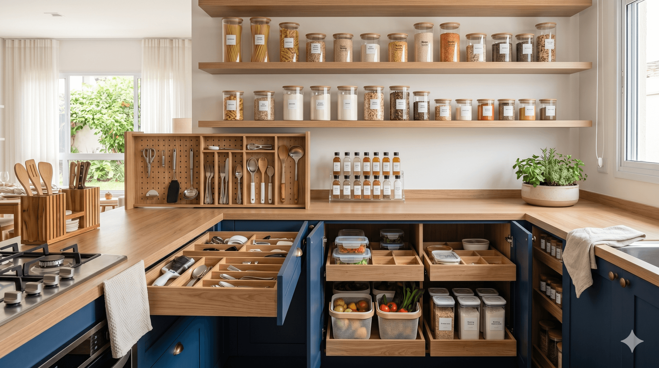 Cozinha organizada com potes e divisórias