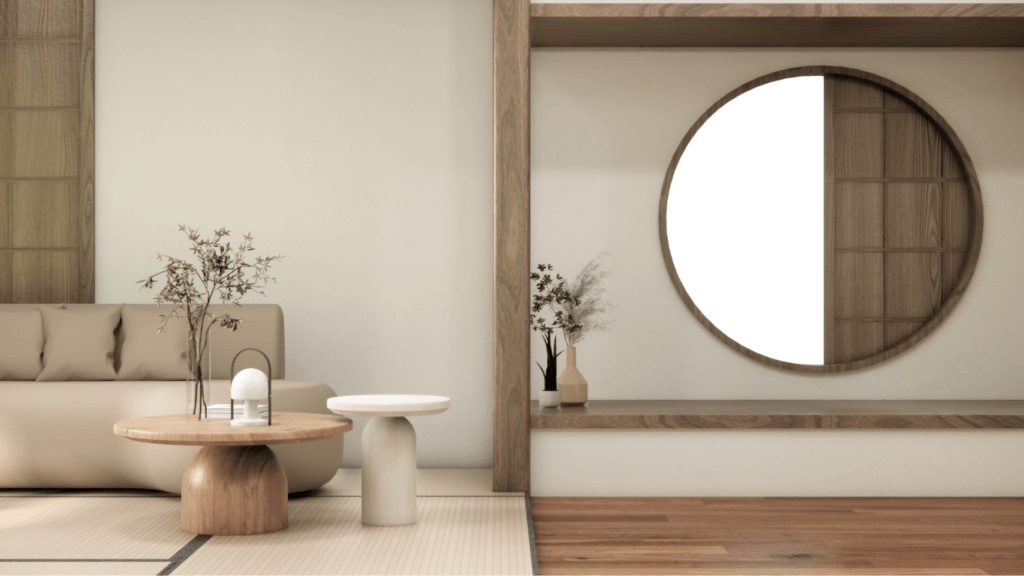 sala minimalista com espelho decorativo redondo