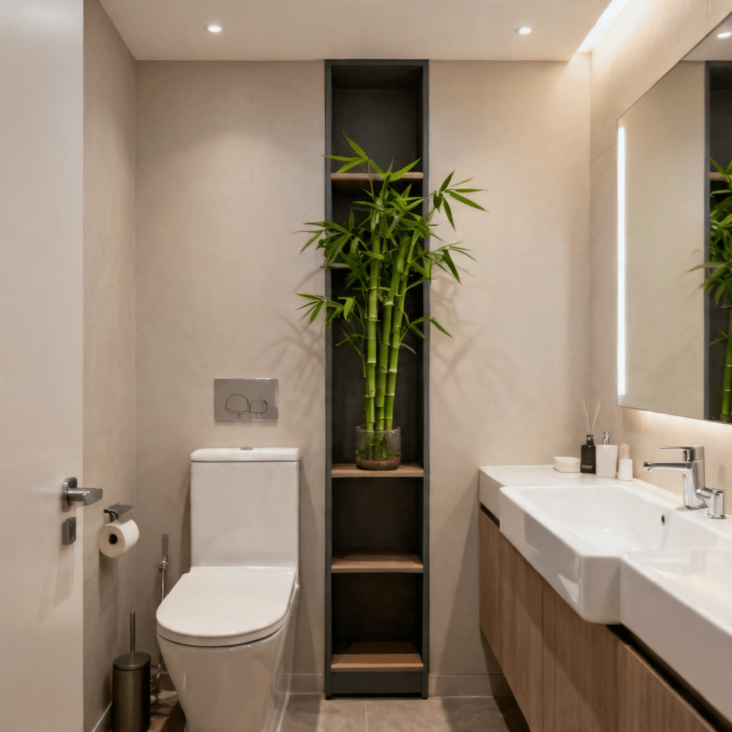 Como organizar o banheiro pequeno: 10 dicas que realmente funcionam Banheiro pequeno organizado com prateleira na parede, planta decorativa e produtos de higiene bem arrumados