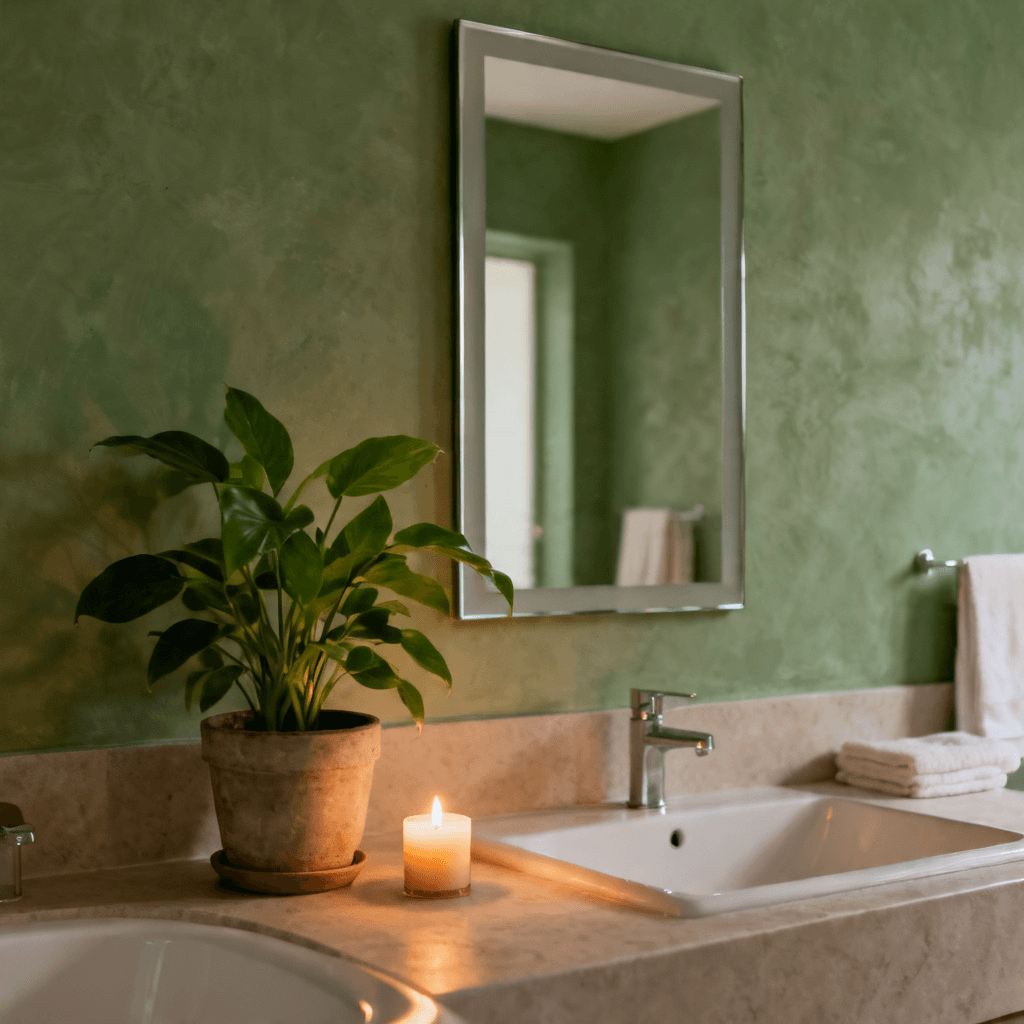 Como organizar o banheiro pequeno: 10 dicas que realmente funcionam Banheiro com planta, vela aromática e espelho bem posicionado seguindo princípios do feng shui