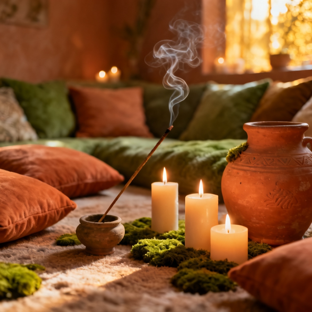 Cantinho de relaxamento aconchegante com velas e elementos naturais
