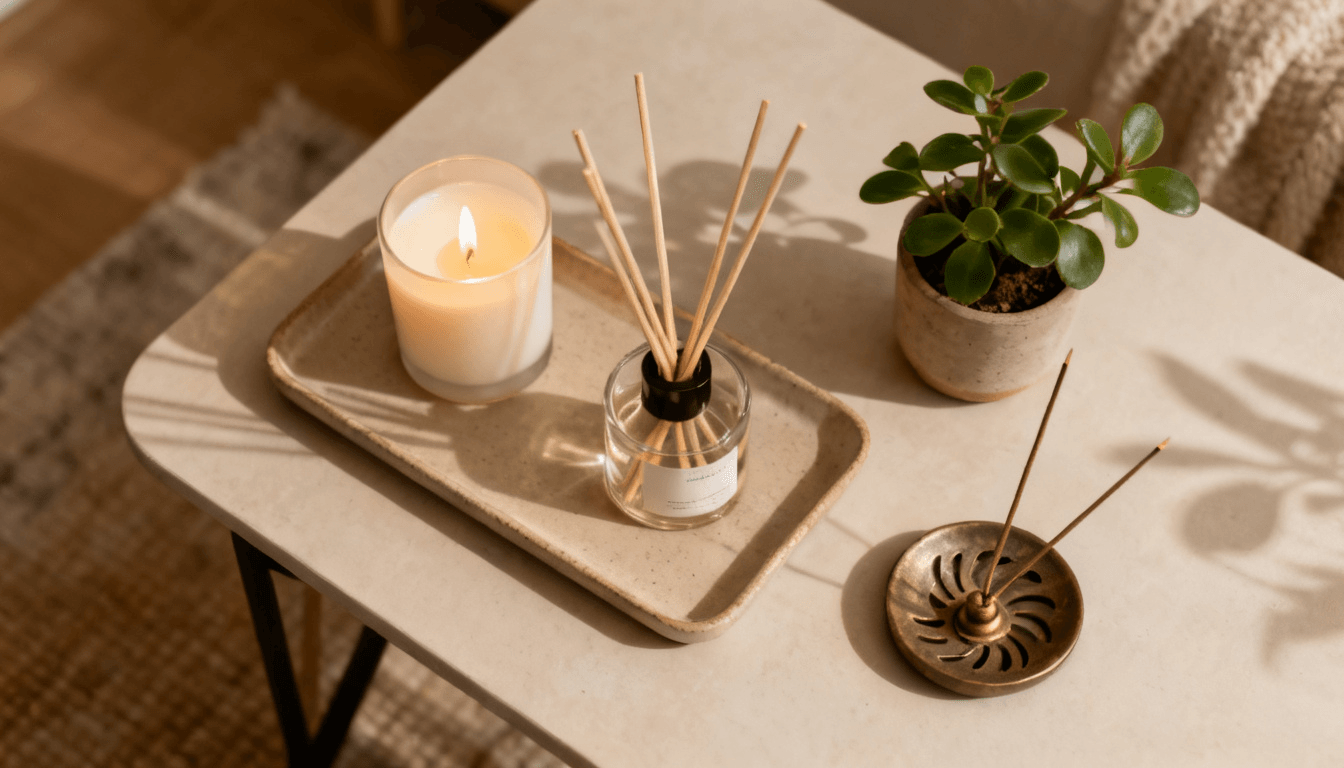 Mesa de apoio decorada com vela, difusor de varetas e planta pequena