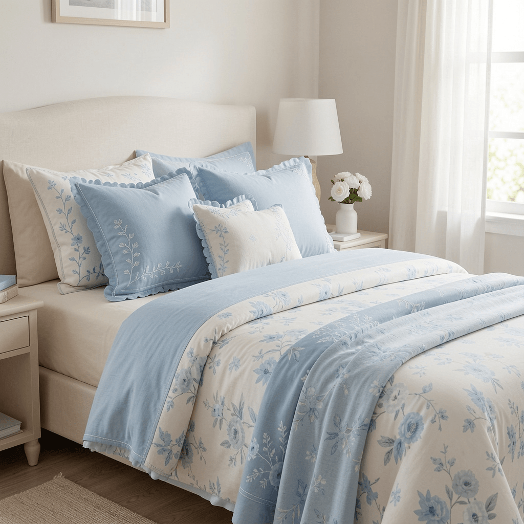Como Montar uma Cama Posta e Transformar seu Quarto com Estilo cama posta feminina com roupa de cama azul claro, almofadas decorativas e estilo delicado e sofisticado