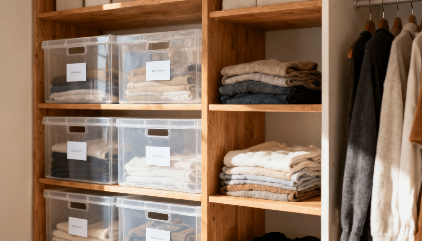 Guarda-roupa organizado com caixas organizadoras
