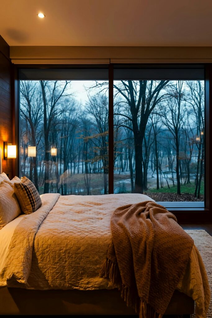 Quarto decorado com roupa de cama em linho, luz quente e elementos naturais — quarto santuário
