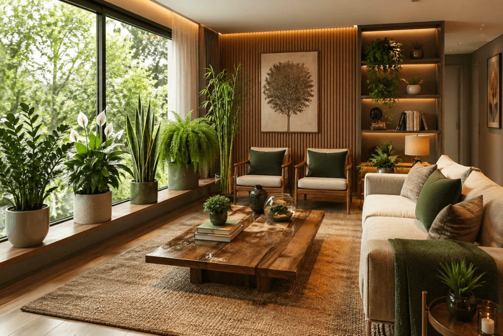 sala de estar aconchegante com plantas espada de são jorge, lírio da paz, bambú da sorte, avenca