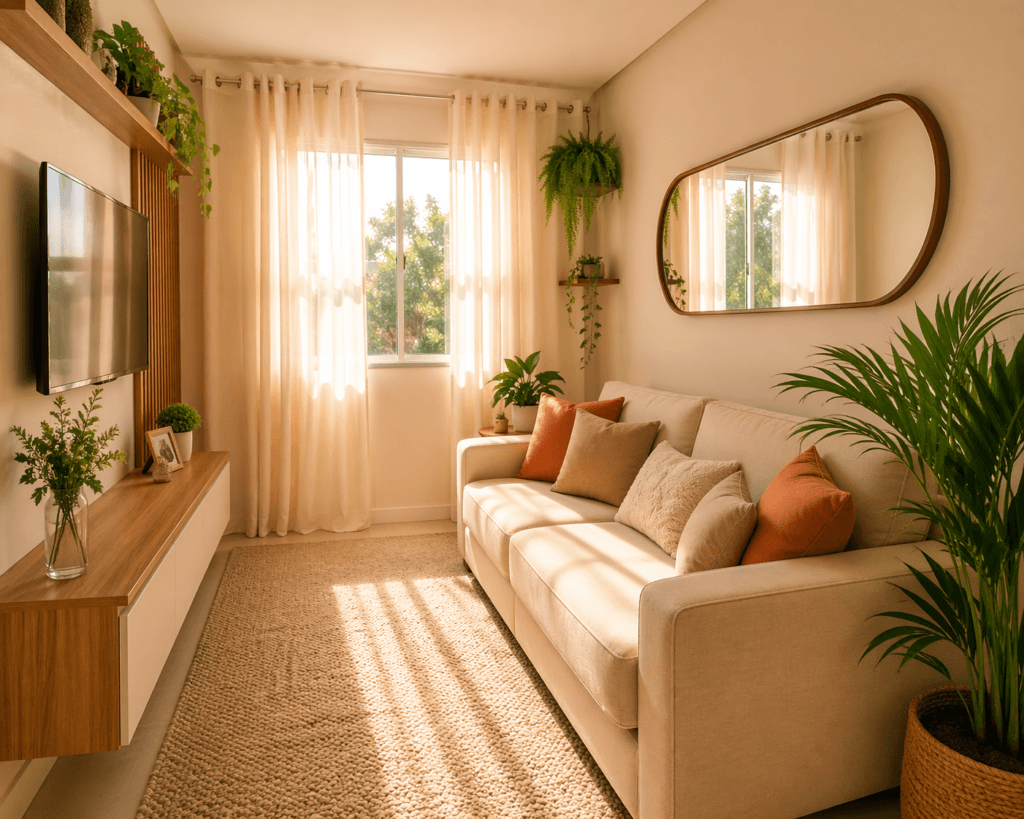 Sala pequena decorada com sofá claro, tapete e espelho na parede — dicas para ampliar e embelezar o espaço