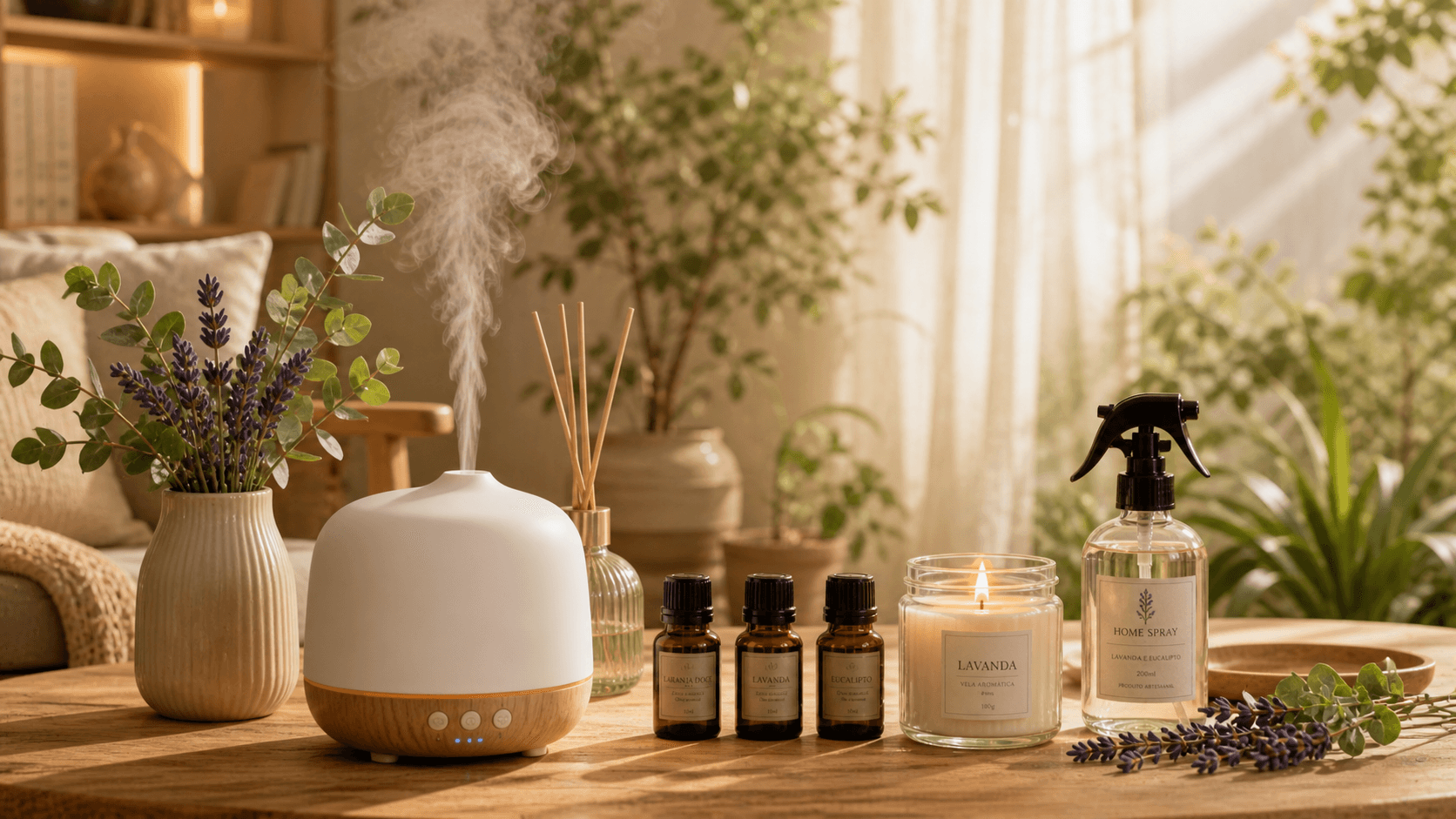 Ambiente zen e aconchegante com difusor, velas aromáticas, óleos essenciais e flores de lavanda — aromaterapia em casa