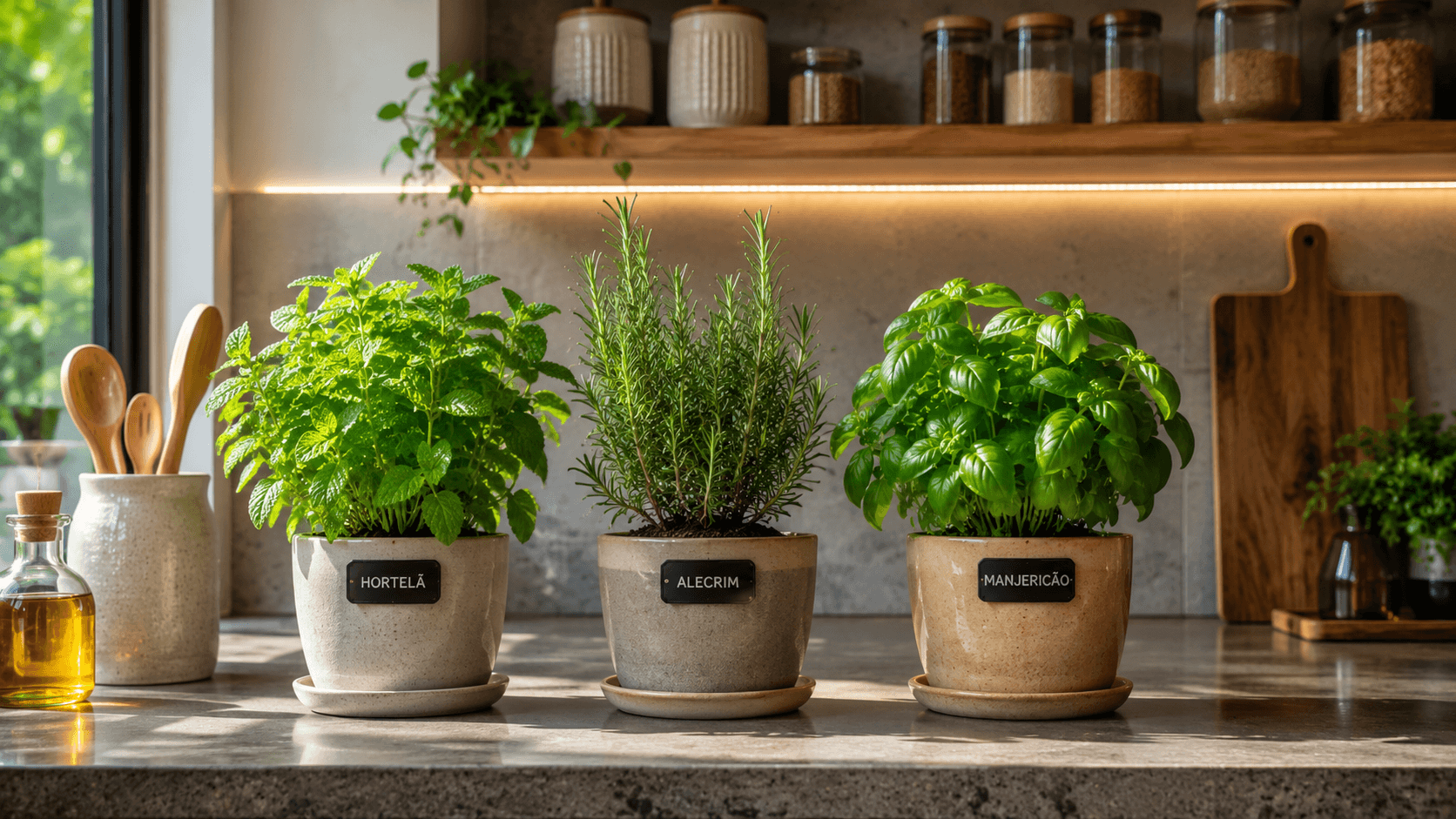 Bancada de cozinha com vasinhos de ervas aromáticas como hortelã e alecrim