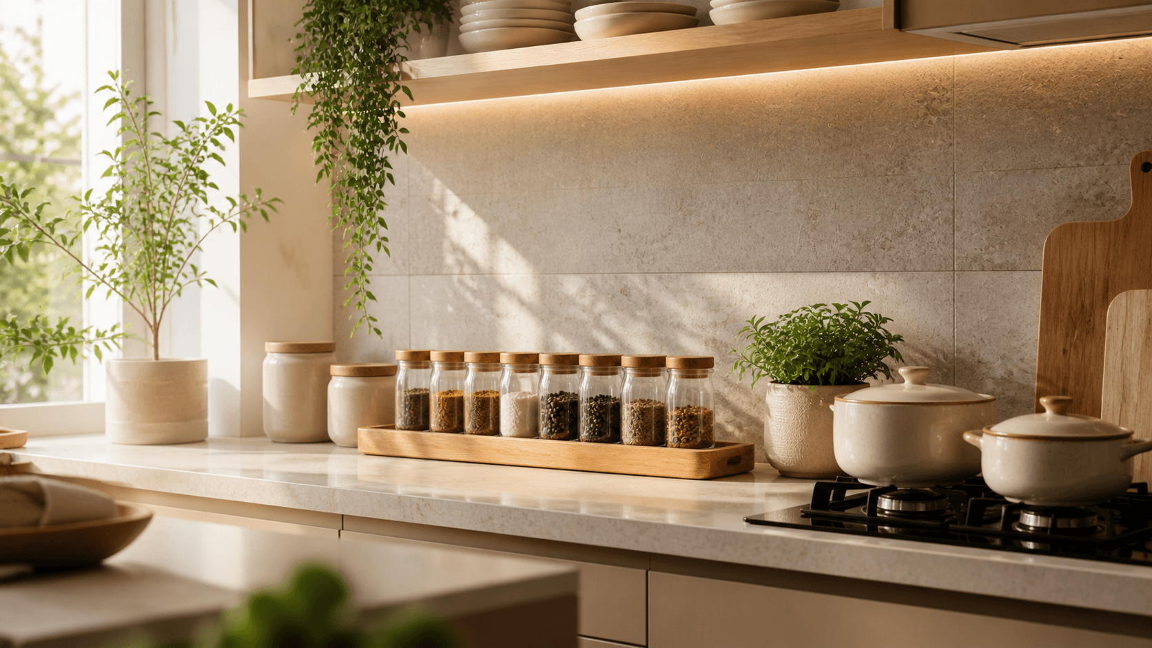 Bancada de cozinha organizada com potes de temperos, plantas e tons neutros