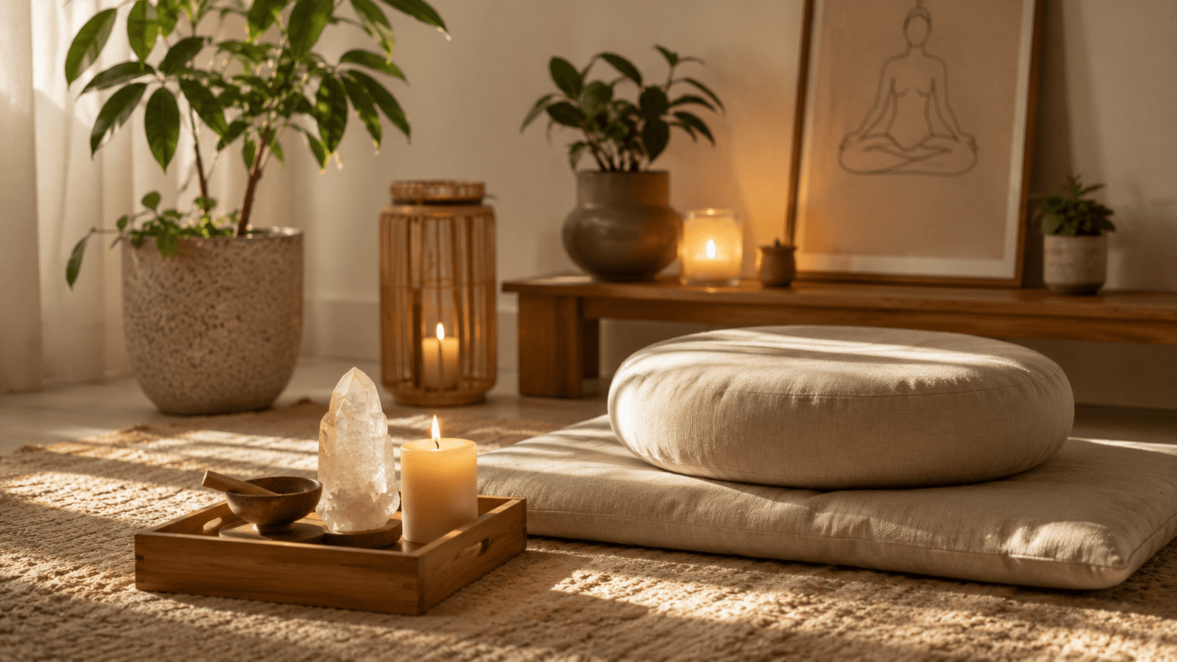 Cantinho antiestresse com almofada de meditação, cristais e planta natural