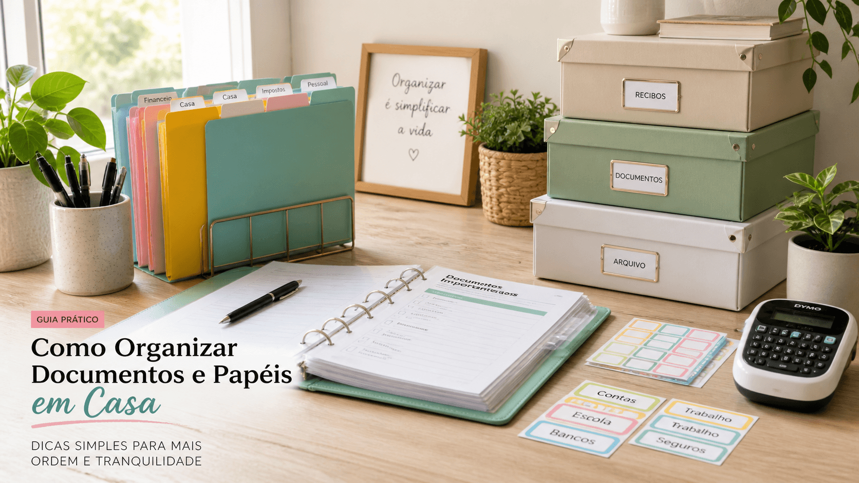 Como Organizar Documentos e Papéis em Casa: Guia Completo Mesa organizada com pastas, fichário e caixas organizadoras para documentos em casa