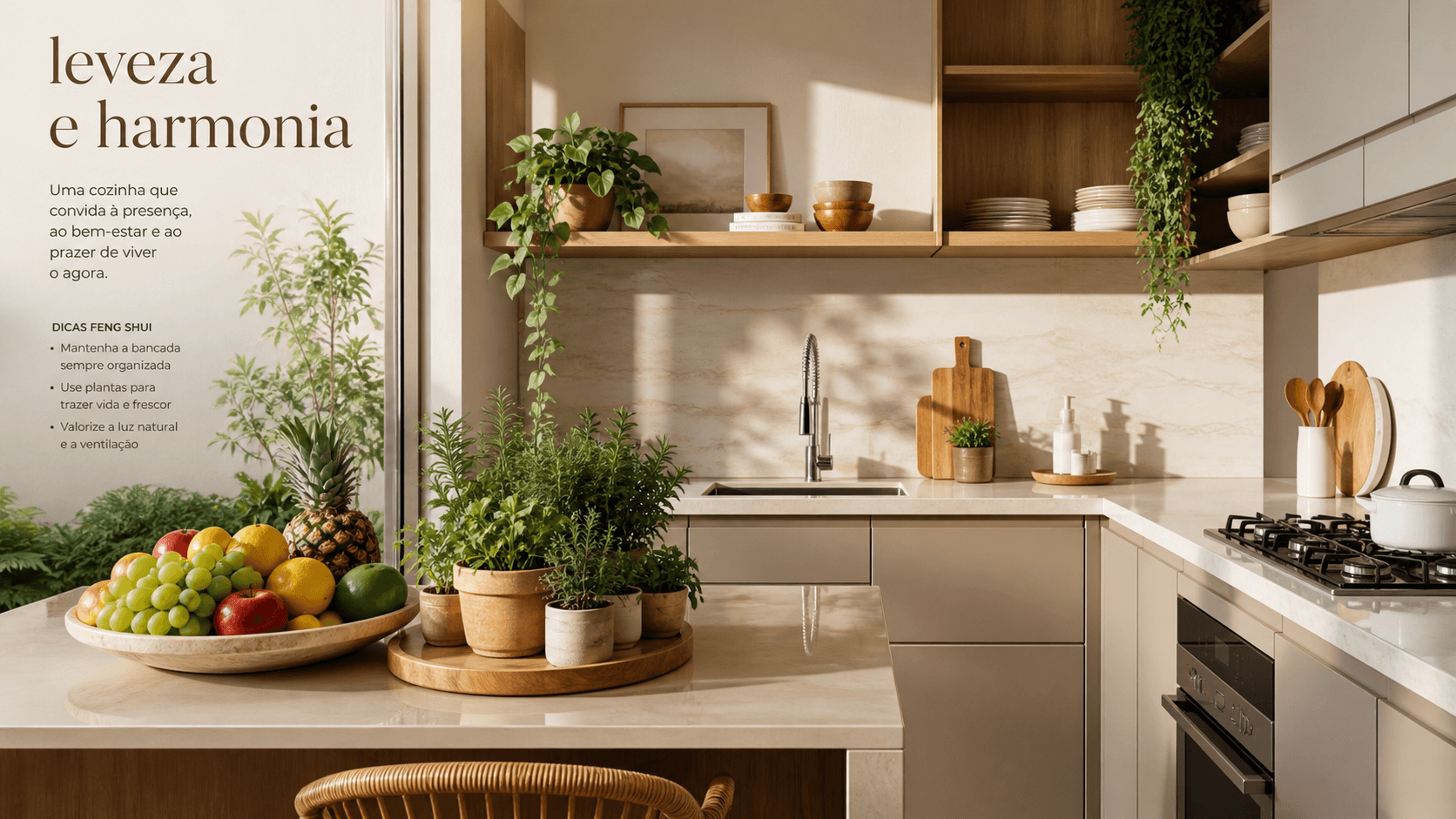 Cozinha clara e organizada com decoração Feng Shui, plantas e bancada arrumada