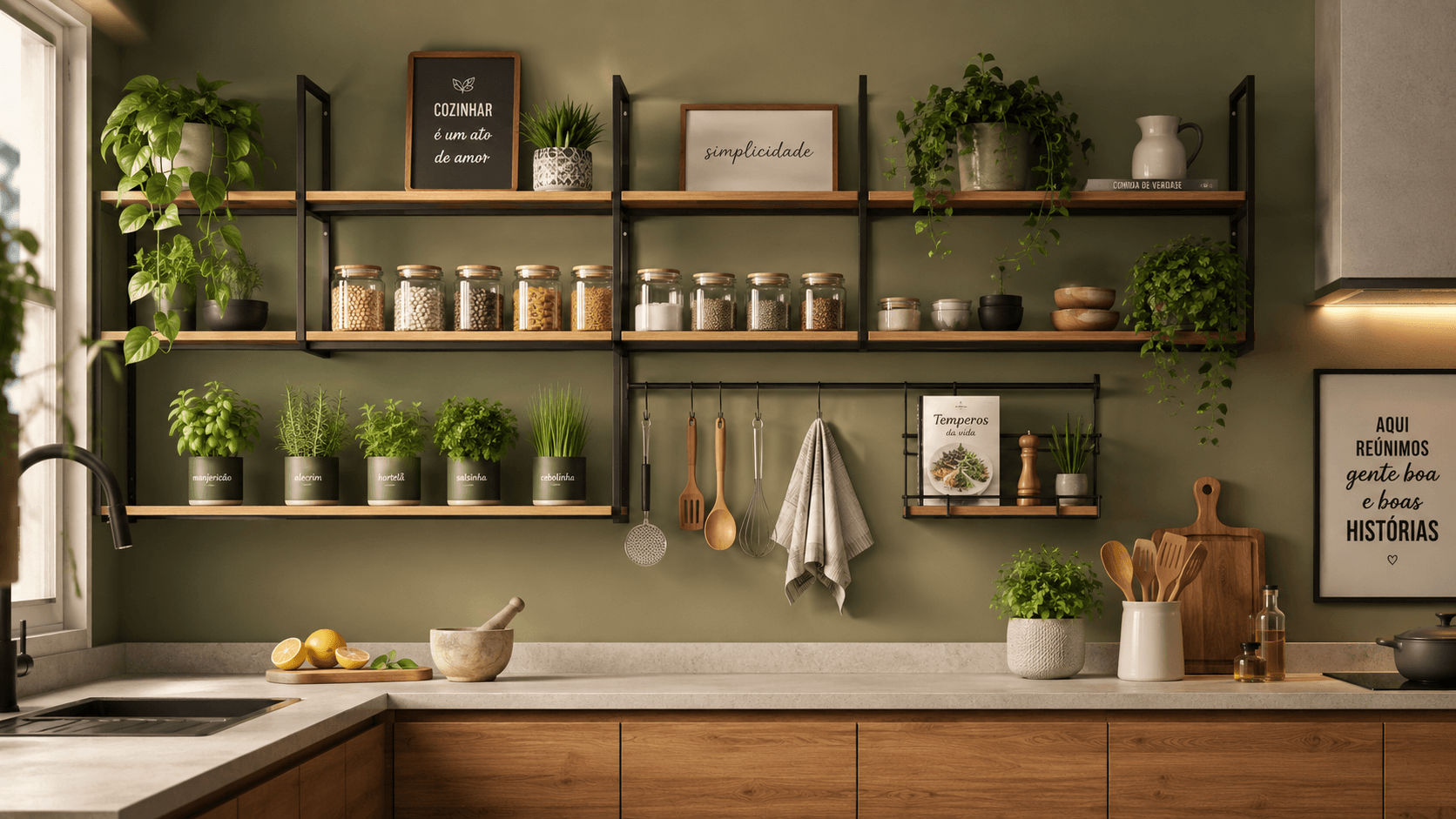 Cozinha com prateleiras modulares na parede com potes, plantas aromáticas e utensílios decorativos
