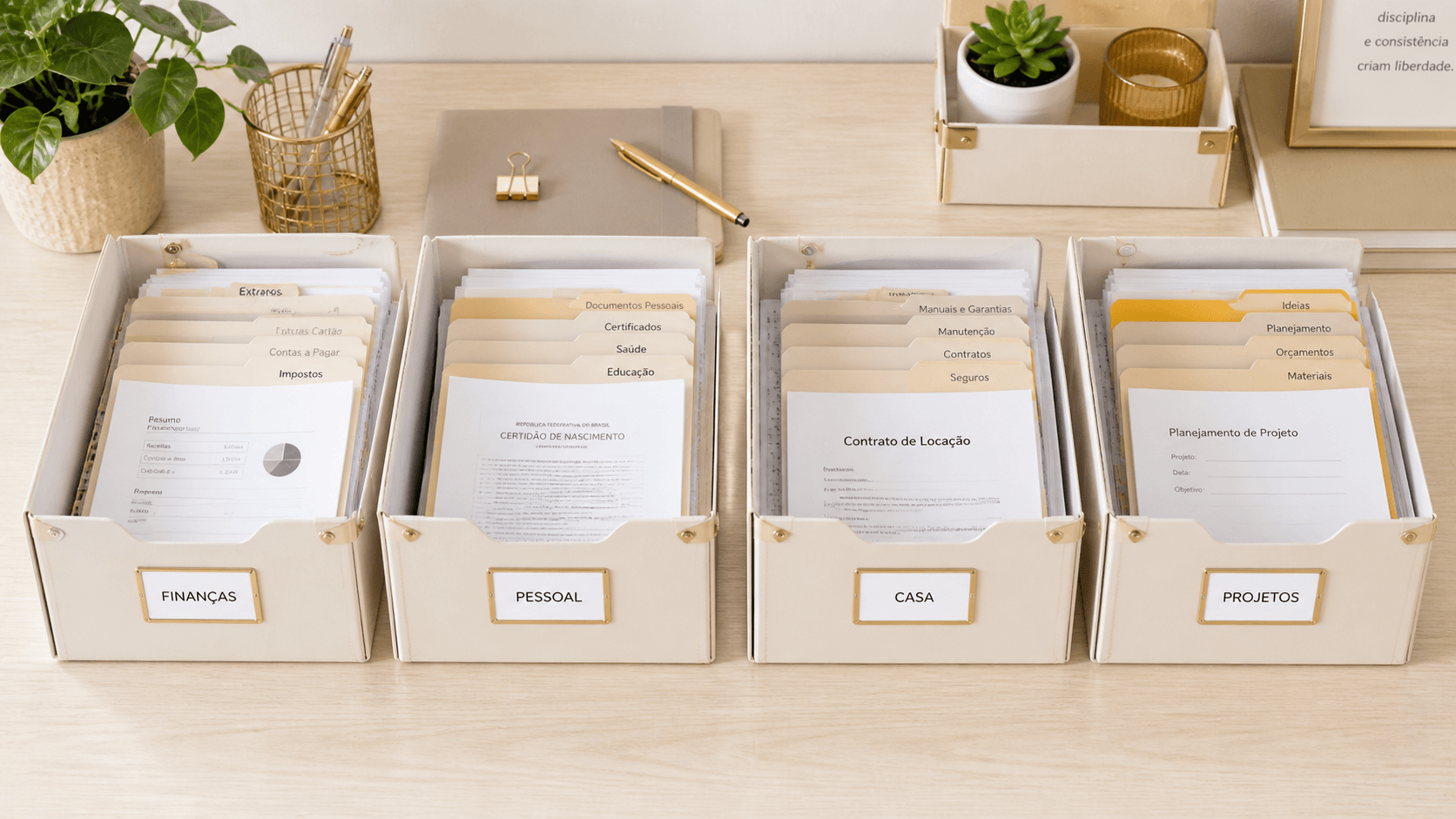 Como Organizar Documentos e Papéis em Casa: Guia Completo Espaço de trabalho organizado e minimalista com documentos organizados