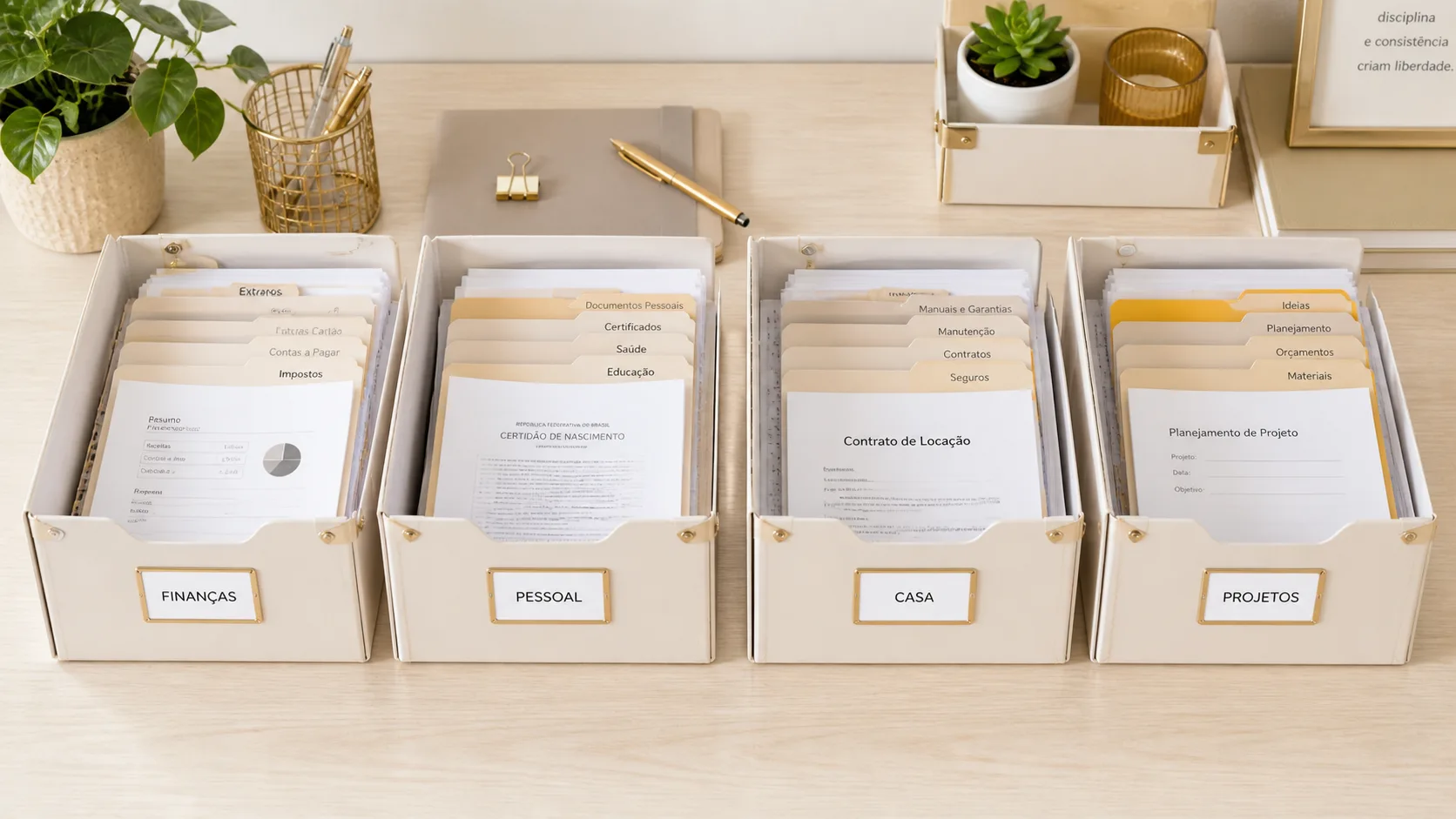 Quatro pastas organizadas com documentos etiquetados por categoria em mesa clara