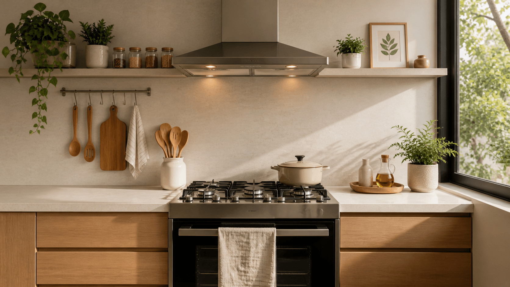 Fogão limpo e bem posicionado em cozinha clara com decoração Feng Shui