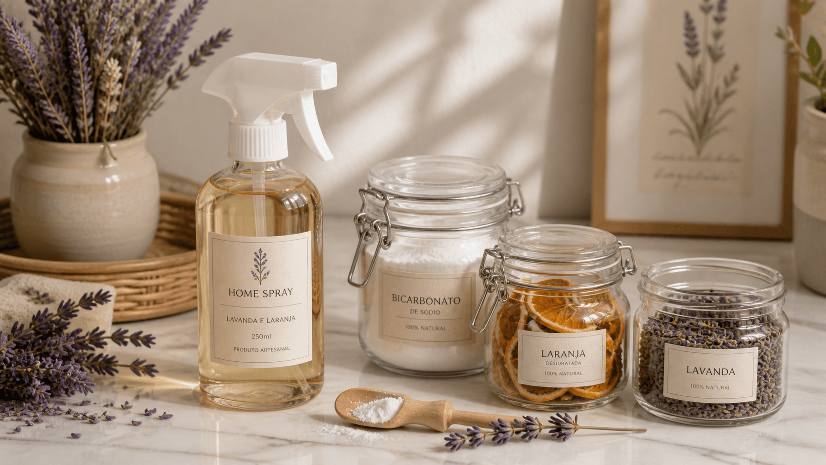 Frasco spray de vidro com home spray natural artesanal, cascas de laranja e flores de lavanda