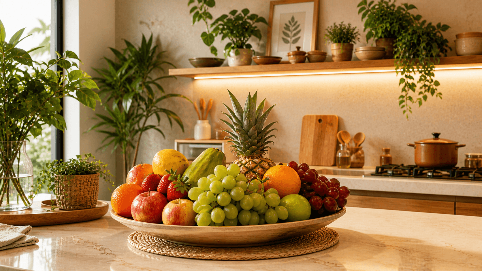 Fruteira decorativa cheia de frutas coloridas em cozinha decorada com Feng Shui