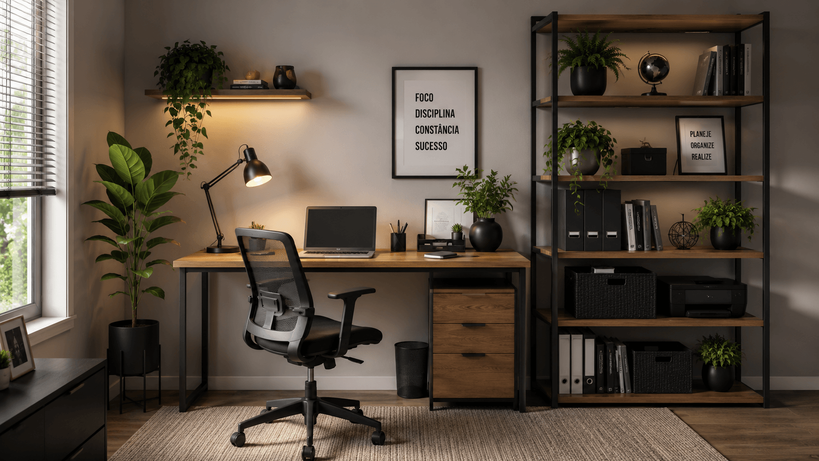 Home office com escrivaninha e estante modular ao lado
