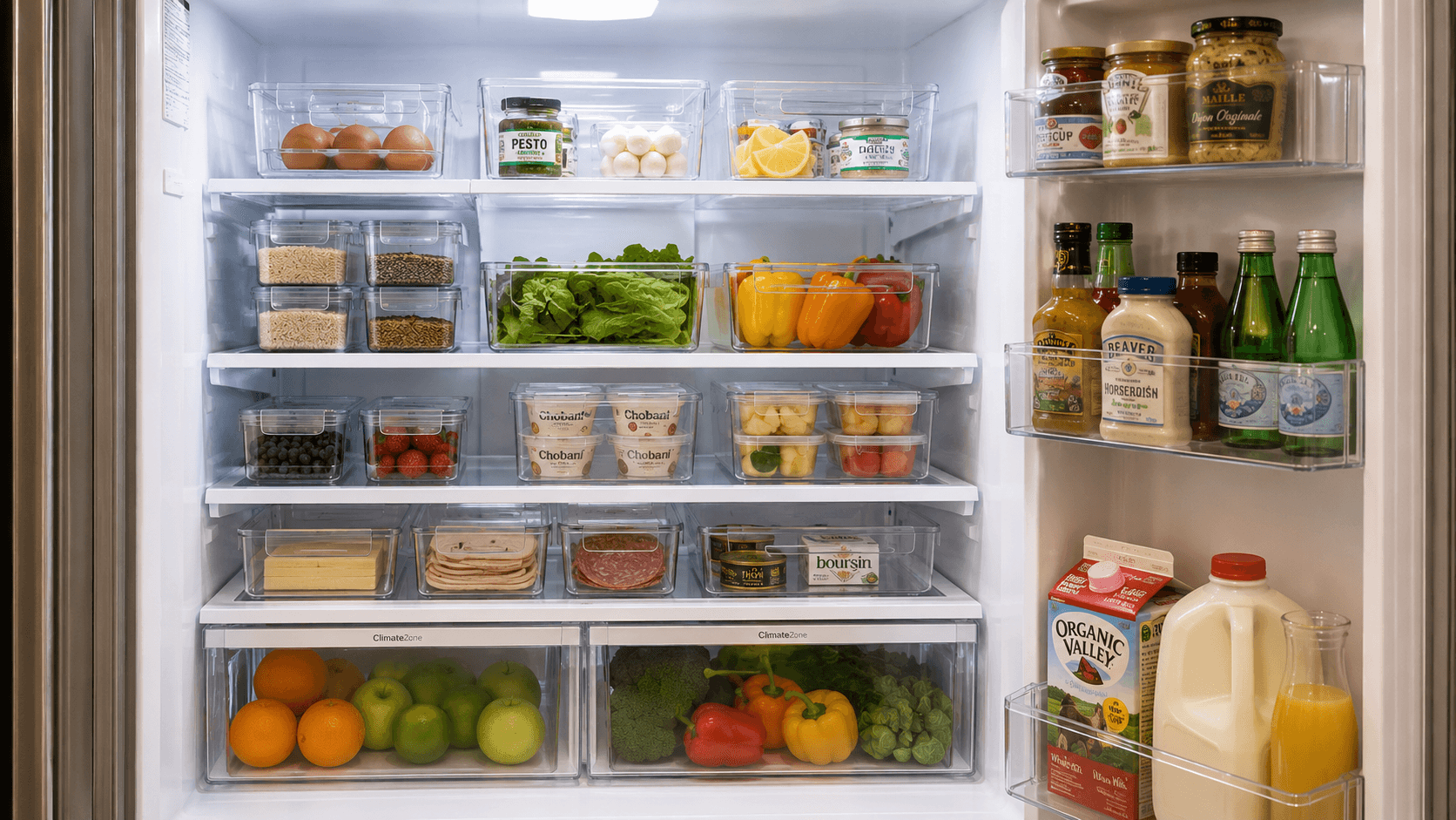 Cozinha Organizada: 10 Dicas Práticas para Transformar seu Espaço Interior de geladeira organizada com organizadores transparentes separando os alimentos