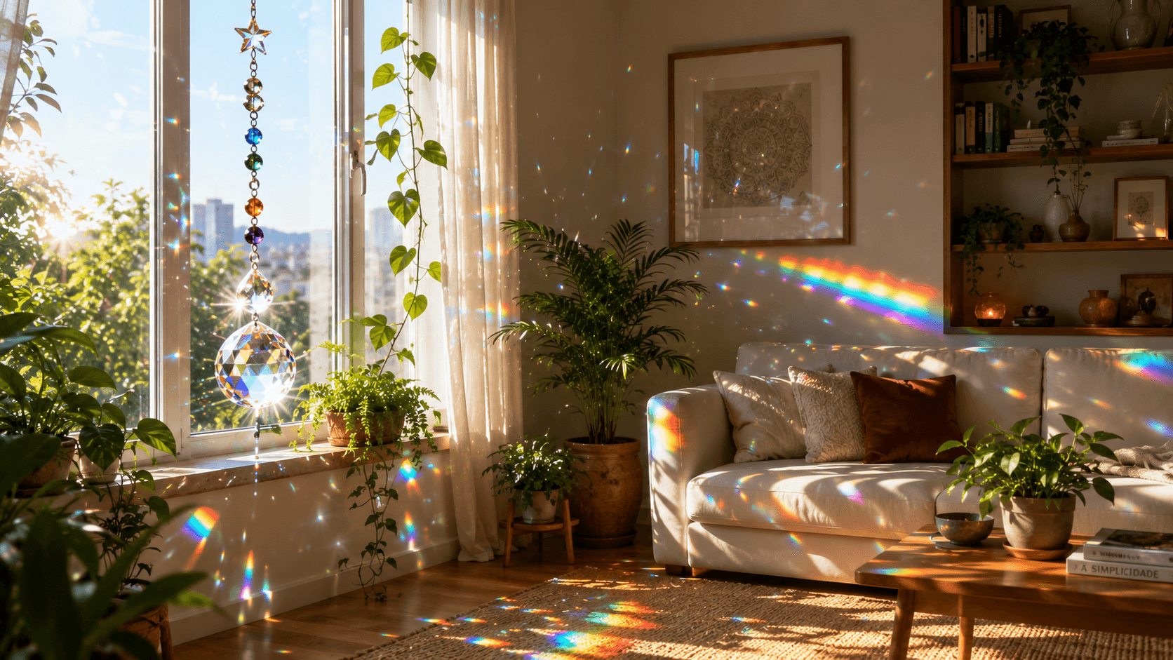 Janela com prisma de cristal Suncatcher espalhando arco-íris pela sala com luz natural