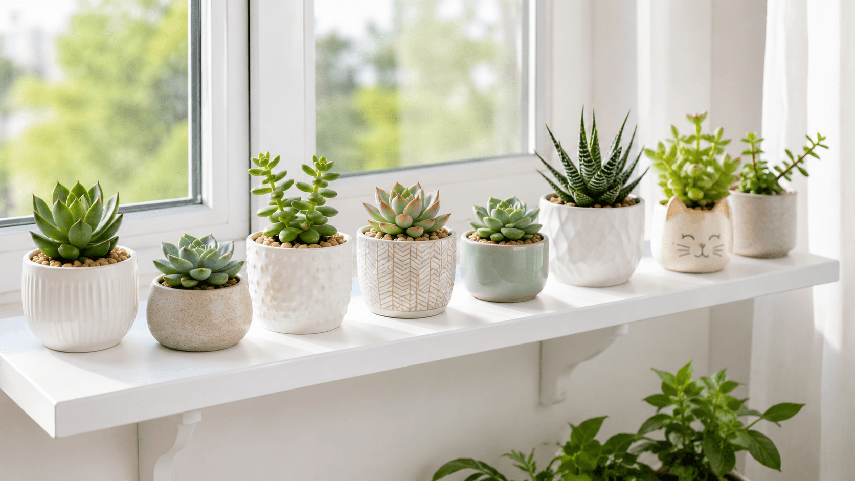Suculentas e plantas pequenas organizadas em prateleira na janela